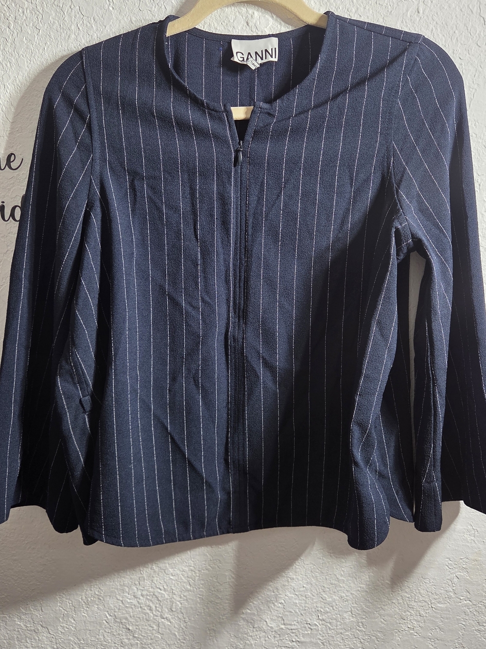 GANNI Copenhagen Navy Blue Pinstripe Zip Front Jacket Blazer EU 32 US 0 - TLC
